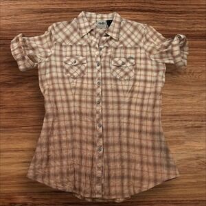 Harley-Davidson Plaid Western‎ Shirt Snap Button Pockets Tan Brown Womens M
